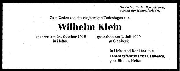 Klein Wilhelm 1918-1999 Todesanzeige
